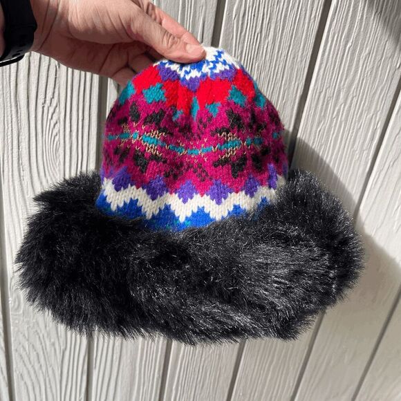 VTG 70s Fair-Isle Knit Faux-Fur Pillbox Hat Colorful Retro Apres Ski - Picture 5 of 9